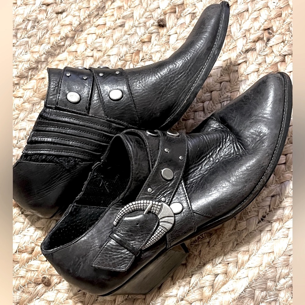 Leather studded belted slip on booties